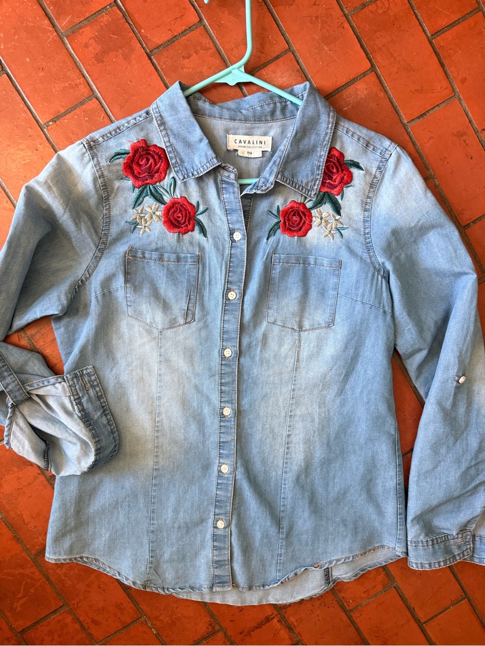 Cavalini Light weight Blue Denim Shirt with Red Rose Embroidery PM